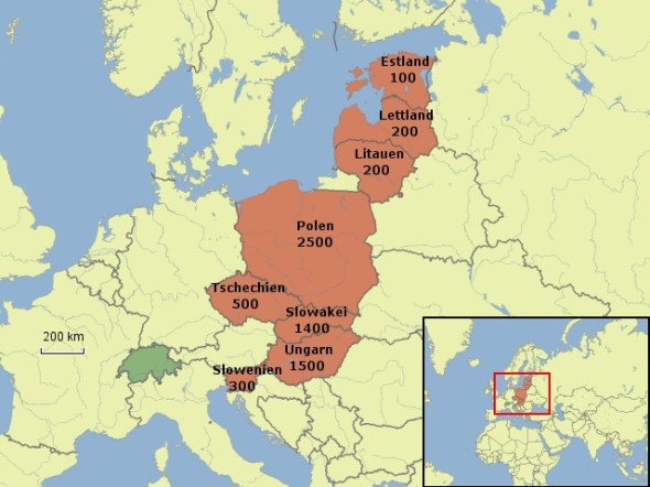 Einwanderung aus der EU-8 in die Schweiz 2011 (auf 100 gerundet).