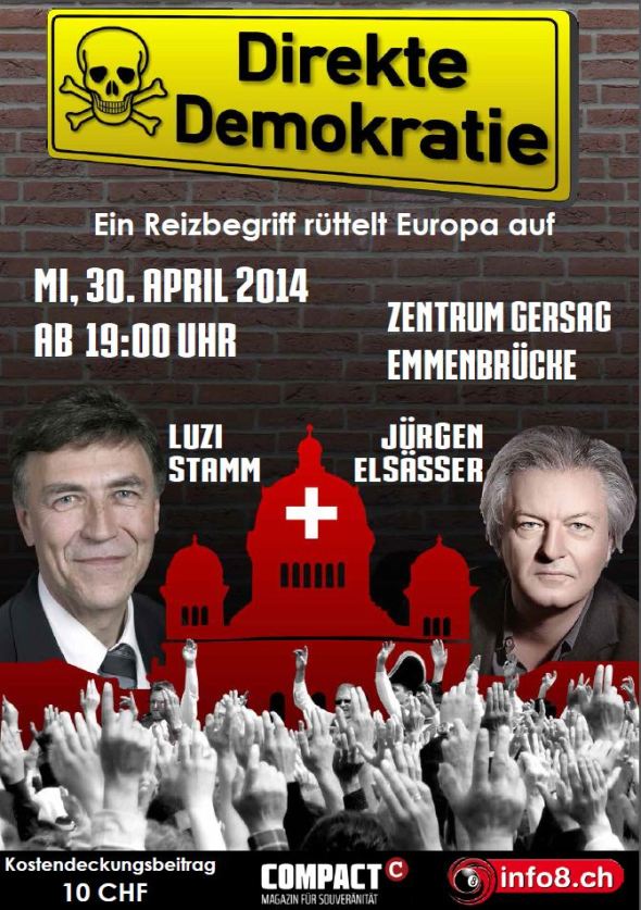 Luzi Stamm und Jürgen Elsässer als Redner. Organisator Anian Liebrand, der Präsident der jungen SVP.